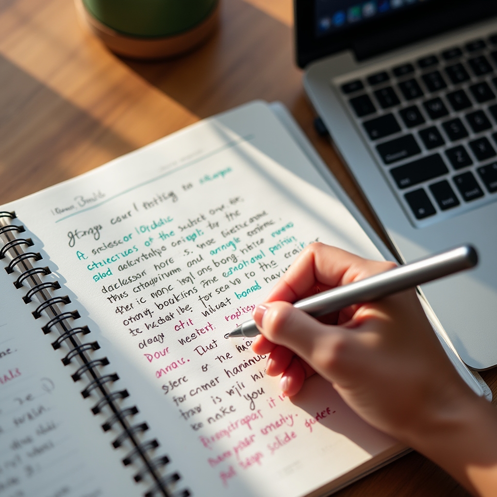 Poznámkový blok s příklady formulací pro pracovní e-maily vedle otevřeného notebooku